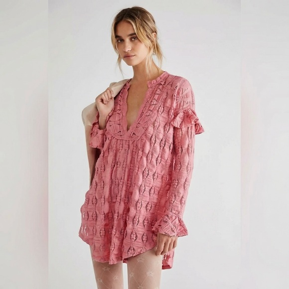 $128 NEW Free People  Candy Shop Lace Texture Tunic V-neckline Ruffle accents S - Picture 2 of 8